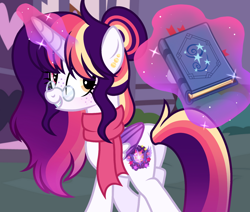 Size: 1438x1220 | Tagged: safe, artist:cstrawberrymilk, oc, oc:severus eclipse, alicorn, pony, book, clothes, female, magic, mare, scarf, solo