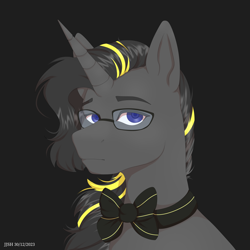 Size: 4134x4134 | Tagged: safe, artist:jjsh, oc, oc only, pony, unicorn, absurd resolution, blue eyes, bow, bust, glasses, horn, looking at you, male, portrait, stallion, tired
