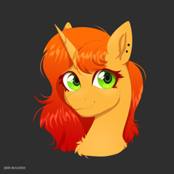 Size: 4134x4134 | Tagged: safe, artist:jjsh, oc, oc only, pony, unicorn, absurd resolution, bow, bust, ear piercing, earring, female, green eyes, horn, jewelry, looking at you, mare, piercing, portrait