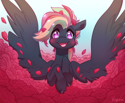 Size: 3000x2461 | Tagged: safe, artist:kaenn, oc, oc only, oc:treading step, pegasus, pony, blushing, flower, front view, heart, heart eyes, looking at you, open mouth, open smile, rose, smiling, smiling at you, solo, spread wings, wingding eyes, wings