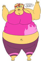 Size: 1024x1524 | Tagged: safe, artist:cartoonlover9000, sunset shimmer, anthro, clothes, dialogue, fat, obese, simple background, solo, weight gain, white background