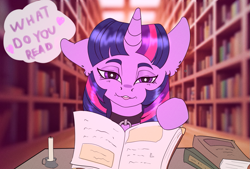Size: 1121x760 | Tagged: safe, artist:heavenless, twilight sparkle, pony, g4, book, candle, choker, collar, female, library, looking at you, mare, offscreen character, pov, solo, speech bubble, talking to viewer, that pony sure does love books