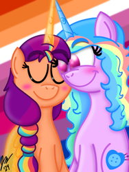 Size: 1620x2160 | Tagged: safe, artist:jesslmc16, izzy moonbow, sunny starscout, alicorn, pony, unicorn, g5, bisexual, bisexual pride flag, blushing, cutie mark, digital art, duo, duo female, eyes closed, female, horn, lesbian, lesbian pride flag, mane stripe izzy, mare, multicolored hair, pride, pride flag, pride month, ship:moonscout, shipping, signature, sitting, wings