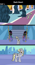 Size: 1920x3516 | Tagged: safe, artist:platinumdrop, derpy hooves, crystal pony, pegasus, pony, comic:dark heart, g4, 3 panel comic, abuse, alternate timeline, armor, bound wings, comic, commission, confused, crying, crystal, crystal castle, crystal empire, dark crystal, derpybuse, female, folded wings, freedom, glowing, glowing eyes, guard, happy, helmet, looking at something, mare, mask, mind control, older, older derpy hooves, scrunchy face, smiling, sombra soldier, spear, tears of joy, throne room, walking, walking away, weapon, wing cuffs, wings
