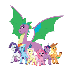 Size: 4096x4096 | Tagged: safe, artist:prixy05, applejack, fluttershy, pinkie pie, rainbow dash, rarity, spike, twilight sparkle, dragon, earth pony, pegasus, pony, unicorn, g4, g5, my little pony: tell your tale, adult, adult spike, dragon lord spike, g4 to g5, generation leap, horn, mane seven, mane six, older, older spike, simple background, spike (g5), unicorn twilight, white background, winged spike, wings