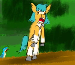 Size: 3200x2800 | Tagged: safe, artist:horsesplease, gallus, hitch trailblazer, series:ask failblazer, g4, g5, crowing, gallus the rooster, insanity, meme, ponified meme, sad hitch, screaming, screaming marmot
