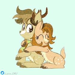Size: 3070x3070 | Tagged: safe, artist:juniverse, oc, deer, deer pony, hybrid, original species, brother and sister, colored sketch, commission, duo, female, green background, hug, male, siblings, simple background, sketch