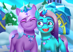 Size: 3500x2500 | Tagged: safe, artist:leonkay, comet (g5), violet frost, auroricorn, pony, g5, cute, duo, duo male and female, eyes closed, female, glasses, happy, jewelry, male, mare, necklace, open mouth, open smile, smiling, snow, stallion