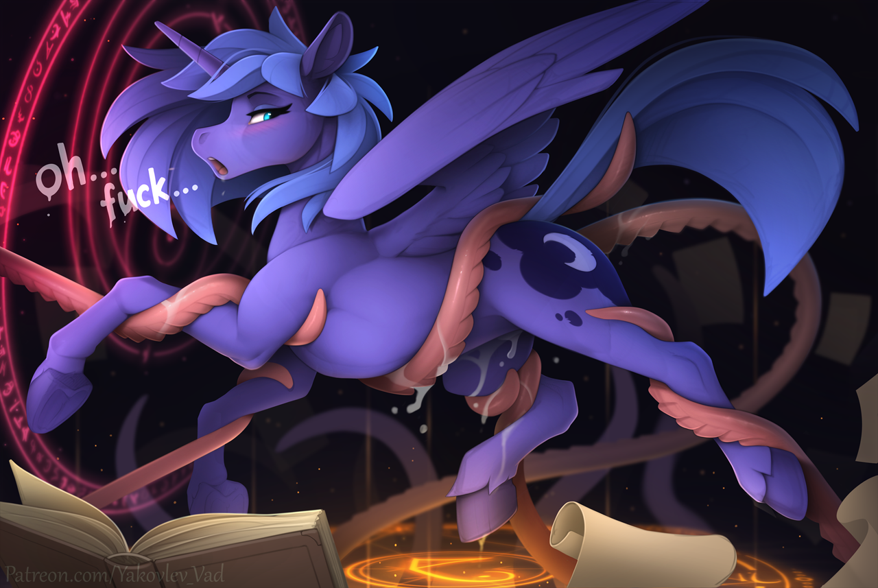 3375275 - explicit, artist:yakovlev-vad, princess luna, alicorn, pony, g4,  ambiguous penetration, blushing, bondage, butt, drool, eyebrows, female,  frog (hoof), horn, magic, mare, moaning, open mouth, penetration, plot,  side view, solo, solo female,