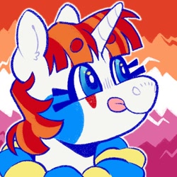 Size: 500x500 | Tagged: safe, artist:beyhr, oc, oc only, oc:wow factor, pony, unicorn, :p, bangs, beanbrows, blue eyes, blushing, bust, clown makeup, colored eyebrows, ear fluff, eyebrows, eyebrows visible through hair, female, flag background, horn, icon, lesbian pride flag, mare, outline, ponysona, pride, pride flag, pride month, profile picture, ruffles, shiny eyes, short mane, smiling, tongue out, two toned mane, unicorn horn, unicorn oc, white coat, wingding eyes