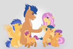 Size: 1095x730 | Tagged: safe, artist:fluffy-fillies, first base, flash sentry, scootaloo, tender taps, oc, oc:blossoming peony, oc:sentinel shield, earth pony, pegasus, alternate universe, blank flank, brother and sister, brothers, coat markings, colored wings, colt, earth pony oc, family, father and child, father and daughter, father and son, female, filly, foal, headcanon, holding hooves, male, mare, oc x oc, pegasus oc, shipping, siblings, socks (coat markings), stallion, straight, triplets, wings