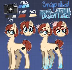 Size: 1811x1743 | Tagged: safe, artist:smirk, oc, oc only, oc:desert lotus, oc:snapshot, cyborg, earth pony, abstract background, camera, cyberpunk, female, flower, glasses, gradient background, mare, reference sheet, science fiction, setting: neo somnambula, solo