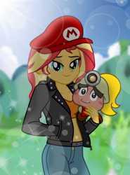 Size: 370x500 | Tagged: safe, artist:emeraldblast63, sunset shimmer, goomba, human, equestria girls, g4, cap, crossover, duo, duo female, female, goombella, hat, lens flare, lidded eyes, looking at you, mario's hat, midriff, paper mario: the thousand year door, smiling, sparkles, super mario bros.