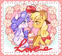 Size: 1200x1074 | Tagged: safe, artist:applepums, applejack, rarity, pony, g4, abstract background, applejack's hat, blonde mane, blue eyes, blue eyeshadow, blushing, bow, brown hooves, bust, cherry, colored, colored hooves, colored pinnae, cowboy hat, cursive writing, drink, duo, duo female, eyelashes, eyeshadow, facing each other, female, fetlock tuft, food, freckles, frosting, green eyes, hair bow, hat, heart ears, horn, lesbian, lesbian pride flag, lidded eyes, long mane, looking at each other, looking at someone, makeup, mare, milkshake, orange coat, postcard, pride, pride flag, profile, purple hooves, purple mane, red bow, red text, sharing a drink, shiny coat, shiny mane, ship:rarijack, shipping, signature, smiling, smiling at each other, text, tied mane, unicorn horn, unshorn fetlocks, white coat