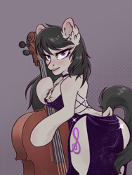 Size: 1536x2048 | Tagged: safe, artist:redjester, octavia melody, earth pony, pony, semi-anthro, g4, blushing, butt, cello, chest fluff, clothes, dock, dress, ear fluff, female, fluffy, lip bite, mare, musical instrument, plot, slender, solo, tail, thin