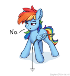 Size: 741x800 | Tagged: safe, artist:zeepheru_pone, rainbow dash, pegasus, pony, g4, atg 2024, chest fluff, circuit, ear fluff, female, ground, grounded, mare, newbie artist training grounds, no, pun, simple background, solo, standing, visual pun, white background