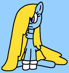 Size: 551x581 | Tagged: safe, artist:gillianthecreator36, oc, oc:evelyn, earth pony, pony, g4, blue background, clothes, cute, evelyn's gloves, evelyn's skirt, evelyn's sweater, evelyn's tights, evelyndorable, evelynsad, female, frown, gloves, long hair, long mane, long tail, mare, older, sad, sadorable, simple background, sitting, skirt, solo, sweater, tail