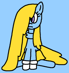 Size: 551x581 | Tagged: safe, artist:gillianthecreator36, oc, oc only, oc:evelyn, earth pony, pony, g4, blue background, clothes, evelyn's gloves, evelyn's skirt, evelyn's sweater, evelyn's tights, evelyndorable, evelynsad, female, frown, gloves, long hair, long mane, long tail, mare, older, sad, sadorable, simple background, sitting, skirt, solo, sweater, tail