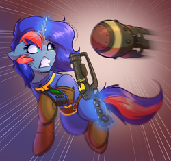 Size: 3152x2968 | Tagged: safe, artist:witchtaunter, oc, oc only, oc:ryo, pony, unicorn, atomic bomb, clothes, commission, fallout, female, gun, horn, magic, mare, nuclear weapon, solo, this will end in death, this will end in tears, this will end in tears and/or death, weapon