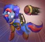 Size: 3152x2968 | Tagged: safe, artist:witchtaunter, oc, oc only, oc:ryo, pony, unicorn, atomic bomb, clothes, commission, fallout, female, gun, horn, magic, mare, nuclear weapon, solo, weapon