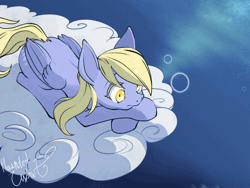 Size: 560x420 | Tagged: safe, artist:hauntedtuba, derpy hooves, pegasus, pony, g4, animated, bubble, cloud, cross-eyed, cute, flying, gif, looking down, lying down, on a cloud, prone, sitting, sitting on a cloud, solo