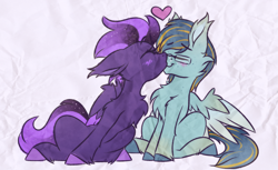 Size: 2000x1220 | Tagged: safe, artist:shad0w-galaxy, oc, oc only, oc:ruffled quill, oc:shadow galaxy, pegasus, pony, blushing, cheek fluff, chest fluff, cute, doodle, duo, duo male and female, ear fluff, ethereal mane, eyes closed, female, fluffy, freckles, glasses, heart, hooves, kissing, male, mare, oc x oc, shipping, smooch, stallion, starry mane, starry tail, straight, tail, unshorn fetlocks