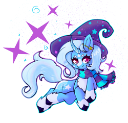 Size: 1473x1419 | Tagged: safe, artist:duskpyx, trixie, pony, unicorn, g4, abstract background, chest fluff, clothes, coat markings, colored, colored eyebrows, colored pupils, countershading, curved horn, ear piercing, facial markings, female, full body, hat, horn, industrial piercing, looking at you, lying down, mare, pale belly, piercing, redesign, scarf, shading, simple background, smiling, smiling at you, socks (coat markings), solo, star (coat marking), star mark, stars, striped scarf, transparent background, trixie's hat, unshorn fetlocks