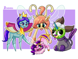 Size: 3800x2900 | Tagged: safe, artist:zendora, book fairy, madame taffytail, pipp petals, bee pony, breezie, fairy, fairy pony, original species, pony, g5, 2024, bully, bullying, bumblebipp, clothes, commission, covering head, cowering, crying, evil smile, feather, group, looking up, open mouth, passepartout, pipp is smol, quartet, raised hoof, sad, scarf, signature, smiling, species swap, spread wings, surrounded, tail, tongue out, unnamed breezie, unnamed character, wings