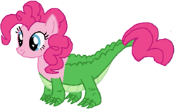 Size: 569x358 | Tagged: safe, artist:qjosh, gummy, pinkie pie, alligator, pony, g4, character to character, female, simple background, solo, transformation, transformation sequence, white background