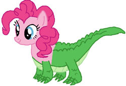 Size: 512x350 | Tagged: safe, artist:qjosh, gummy, pinkie pie, alligator, g4, character to character, female, simple background, solo, transformation, transformation sequence, white background