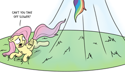 Size: 2706x1788 | Tagged: safe, artist:doodledonutart, fluttershy, rainbow dash, pegasus, pony, g4, atg 2024, duo, duo female, female, holding, mare, newbie artist training grounds, pun, solo focus, taking off, visual pun