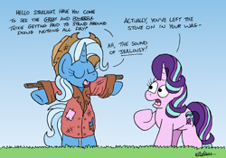Size: 2408x1683 | Tagged: safe, artist:bobthedalek, starlight glimmer, trixie, pony, unicorn, g4, atg 2024, bipedal, clothes, dialogue, duo, duo female, eyes closed, female, grass, hat, horn, implied fire, jacket, mare, newbie artist training grounds, open mouth, open smile, raised hoof, scarecrow, smiling, this will end in fire