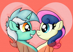 Size: 2517x1806 | Tagged: safe, artist:background basset, bon bon, lyra heartstrings, sweetie drops, earth pony, pony, unicorn, g4, duo, duo female, female, heart, horn, lesbian, ship:lyrabon, shipping, smiling