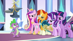 Size: 850x478 | Tagged: safe, edit, edited screencap, screencap, princess cadance, princess flurry heart, spike, starlight glimmer, sunburst, twilight sparkle, alicorn, dragon, pony, unicorn, g4, season 6, the times they are a changeling, abuse, angry, anvil, baby carriage, crown, crystal castle, eyebrows, female, frown, glare, glowing, glowing horn, go to sleep garble, horn, imminent death, jewelry, looking up, magic, male, mare, obscured face, raised eyebrow, reaction, regalia, rope, scissors, shitposting, sisters-in-law, sleeping, spikeabuse, stallion, telekinesis, this will end in death, this will end in tears, this will end in tears and/or death, this will not end well, twilight sparkle (alicorn)