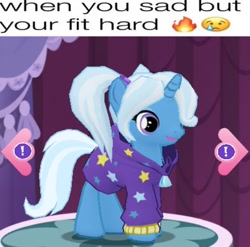 Size: 900x889 | Tagged: safe, edit, edited screencap, gameloft, screencap, trixie, unicorn, g4, my little pony: magic princess, 3d, alternate hairstyle, babysitter trixie, clothes, emoji, female, hoodie, horn, mare, meme, pigtails, smiling, solo