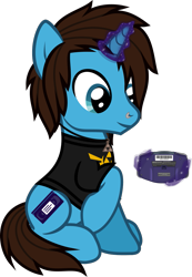Size: 792x1142 | Tagged: safe, artist:lightningbolt, derpibooru exclusive, pony, unicorn, g4, .svg available, clothes, game boy advance, geoff wigington, glowing, glowing horn, horn, jewelry, magic, male, necklace, nose piercing, piercing, ponified, raised hoof, shirt, show accurate, simple background, sitting, smiling, solo, stallion, svg, t-shirt, the legend of zelda, transparent background, vector, video game, waterparks