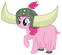 Size: 484x432 | Tagged: safe, artist:qjosh, pinkie pie, earth pony, pony, yak, female, helmet, honorary yak horns, horned helmet, pony to yak, solo, transformation, transformation sequence, viking helmet