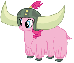 Size: 511x439 | Tagged: safe, artist:qjosh, pinkie pie, earth pony, yak, g4, female, helmet, honorary yak horns, horned helmet, pony to yak, simple background, solo, transformation, transformation sequence, viking helmet, white background