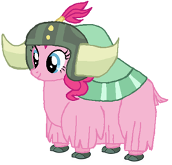 Size: 457x438 | Tagged: safe, artist:qjosh, pinkie pie, earth pony, yak, female, helmet, honorary yak horns, horned helmet, pony to yak, solo, transformation, transformation sequence, viking helmet