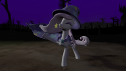 Size: 3840x2160 | Tagged: safe, artist:blitzytehpony, fleur-de-lis, pony, unicorn, g4, 3d, cape, castle of the royal pony sisters, clothes, eyes closed, female, flowing mane, gmod, hat, horn, magic wand, mare, mouth hold, night, raised hoof, raised leg, solo, trixie's cape, trixie's hat