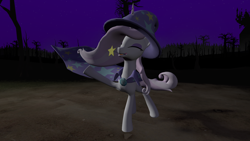 Size: 3840x2160 | Tagged: safe, artist:gmodponies, fleur-de-lis, pony, unicorn, g4, 3d, cape, castle of the royal pony sisters, clothes, eyes closed, female, flowing mane, gmod, hat, horn, magic wand, mare, mouth hold, night, raised hoof, raised leg, solo, trixie's cape, trixie's hat