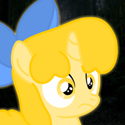 Size: 1920x1920 | Tagged: safe, artist:snowflakepone, edit, edited screencap, screencap, oc, oc only, oc:snowflake, pony, unicorn, big eyes, bow, dark background, face, female, filly, flashback, foal, forest background, glowing, hair bow, horn, missing cutie mark, ponytail, ptsd, solo, stare, thousand yard stare, traumatized, yellow eyes, yellow mane