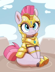 Size: 1741x2282 | Tagged: safe, artist:pabbley, oc, oc only, earth pony, pony, cute, female, guard armor, guardsmare, helmet, hoof shoes, looking up, mare, royal guard, sitting, solo, underhoof