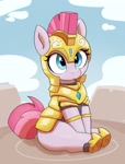 Size: 1741x2282 | Tagged: safe, artist:pabbley, oc, oc only, earth pony, pony, cute, exclamation point, female, guard armor, guardsmare, helmet, hoof shoes, looking up, mare, royal guard, sitting, solo, stubby legs, underhoof