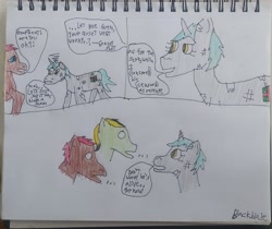 Size: 3097x2604 | Tagged: safe, artist:blackblade360, oc, oc:grassy shot, oc:heartbeat, oc:stone wave, earth pony, pony, unicorn, fallout equestria, brown coat, censored dialogue, colored pencil drawing, concerned, cyan mane, cyan tail, earth pony oc, female, floppy ears, gray coat, horn, implied penectomy, irl, looking at each other, looking at someone, male, mare, mare oc, paper, photo, question, red mane, scar, shocked, signature, stallion, stallion oc, traditional art, unicorn oc