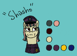 Size: 946x694 | Tagged: safe, artist:nukepony360, oc, oc only, oc:shusho, earth pony, blue background, captain hat, clothes, female, hat, mare, medal, military uniform, simple background, solo, uniform