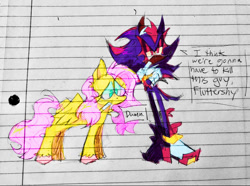 Size: 750x558 | Tagged: safe, artist:mechokky, fluttershy, pegasus, g4, crossed arms, crossover, duo, female, i think we're gonna have to kill this guy, lined paper, male, mare, meme, shadow the hedgehog, sonic the hedgehog (series), speech bubble, traditional art