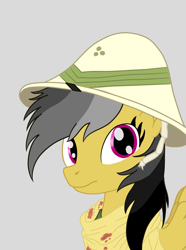 Size: 1521x2048 | Tagged: safe, artist:minecake, daring do, pegasus, pony, g4, blood, bust, clothes, colored, dried blood, flat colors, gray background, hat, pith helmet, portrait, simple background, solo, spread wings, wings