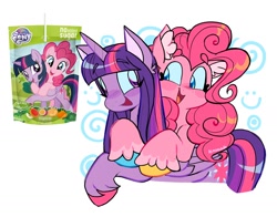Size: 1724x1350 | Tagged: safe, artist:lemoocado, pinkie pie, twilight sparkle, alicorn, earth pony, pony, g4, duo, duo female, ear fluff, female, happy, hug, juice, juice box, lesbian, looking at each other, looking at someone, open mouth, open smile, ship:twinkie, shipping, simple background, smiling, smiling at each other, twilight sparkle (alicorn), unshorn fetlocks