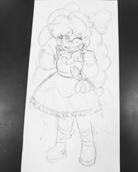 Size: 1440x1800 | Tagged: safe, artist:comicmaker, pinkie pie, human, g4, boots, clothes, dress, female, humanized, monochrome, one eye closed, open mouth, open smile, shoes, sketch, smiling, solo, traditional art, wink